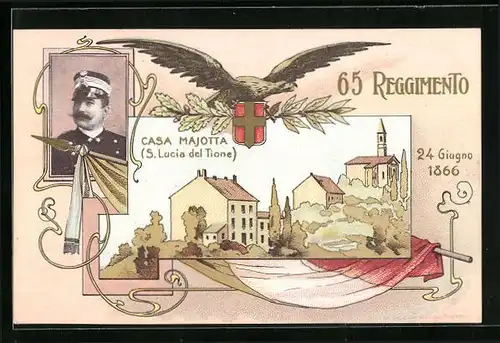 Künstler-AK Valeggio sul Mincio, 65 Reggimento 1866, Casa Majotta S. Lucia del Tione, Italienischer Soldat in Uniform