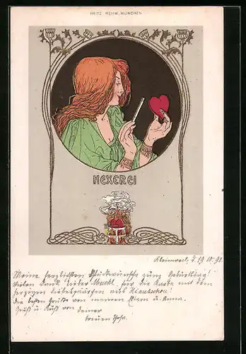 Künstler-AK sign. Fritz Rehm: Hexerei, Frau verzaubert ein Herz, Jugendstil