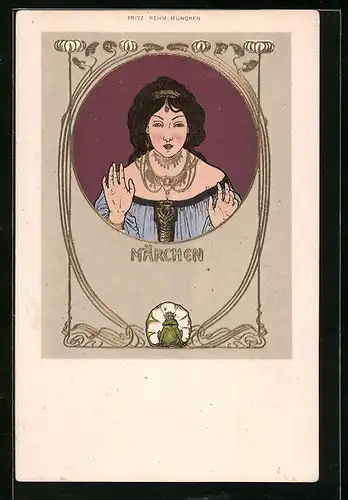 Künstler-AK sign. Fritz Rehm: Märchen, Dame mit Schmuck, Jugendstil