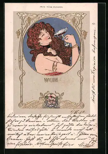 Künstler-AK sign. Fritz Rehm: Dame mit Weinglas, Bacchus, Jugendstil