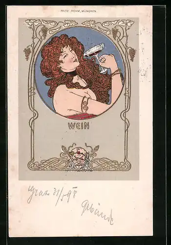 Künstler-AK sign. Fritz Rehm: Dame mit Weinglas, Jugendstil