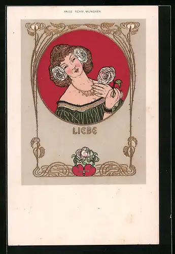 Künstler-AK sign. Fritz Rehm: Liebe, Dame mit Rose, Jugendstil