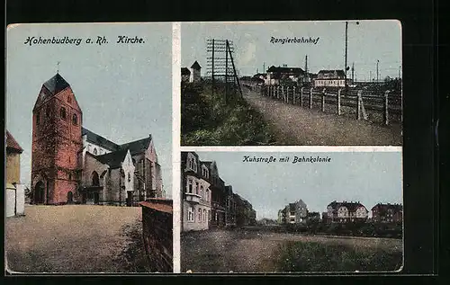 AK Hohenbudberg a. Rh., Kuhstrasse mit Bahnkolonie, Rangierbahnhof, Kirche