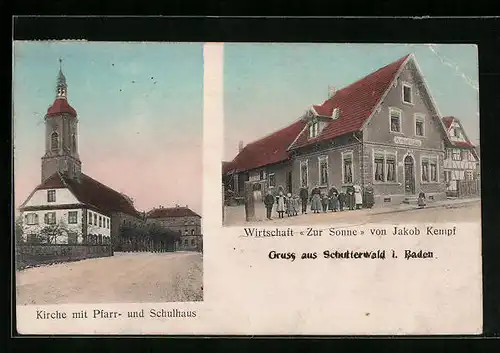 AK Schutterwald i. Baden, Gasthaus zur Sonne, Kirche mit Pfarrhaus