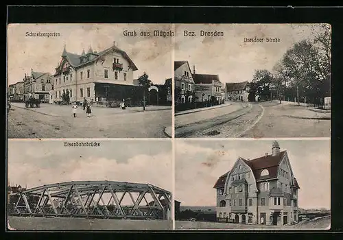 AK Mügeln, Gasthof Schweizergarten, Dresdner Strasse, Eisenbahnbrücke