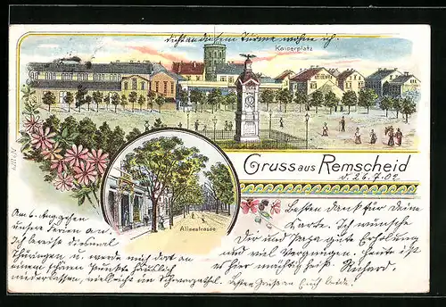 Lithographie Remscheid, Alleestrasse, Kaiserplatz mit Denkmal