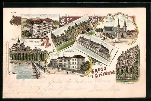 Lithographie Grimma, Gattersburgen, Bürgerschule, Seminar