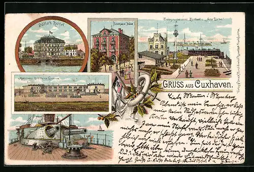 Lithographie Cuxhaven, Dölles Hotel, Matrosen-Artillerie-Kaserne