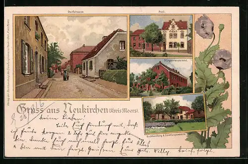 Lithographie Neukirchen /Krs. Moers, Dorfstrasse, Buchhandlung des Erziehungsvereins, Post