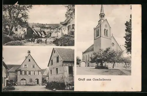 AK Oeschelbronn, Strassenpartie, Ansicht der Kirche