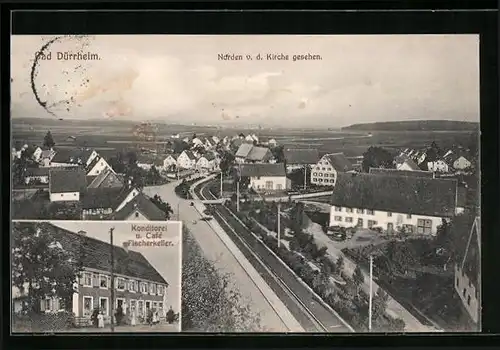 AK Bad Dürrheim, Cafe Fischerkeller, Strassenpartie aus der Vogelschau