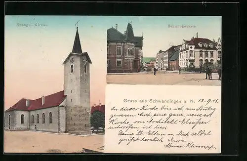 AK Schwenningen a. N., Bahnhofstrasse, Evangel. Kirche