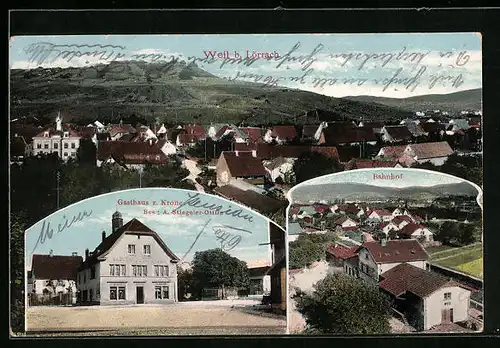 AK Weil bei Lörrach, Gasthaus zur Krone, Bahnhof aus der Vogelschau, Ortsansicht