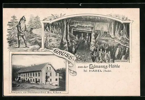 Künstler-AK Hasel in Baden, Gasthaus zur Erdmannshöhle, Höhle mit Zwergen