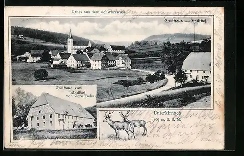 AK Unterkirnach, Gasthaus zum Stadthof, Hirsche, Ortsansicht