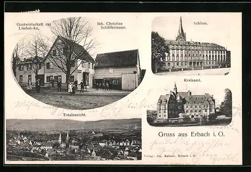 AK Erbach i. O., Gasthaus zur Linden-Au, Kreisamt, Totalansicht