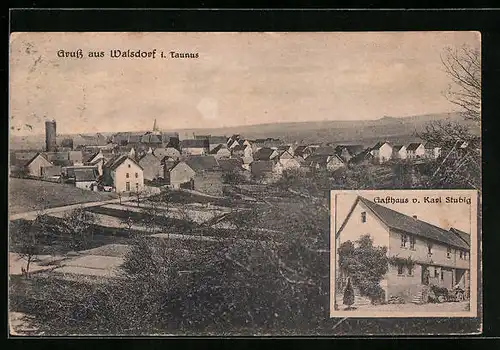 AK Walsdorf i. Taunus, Gasthaus Karl Stubig, Ortsansicht aus der Vogelschau