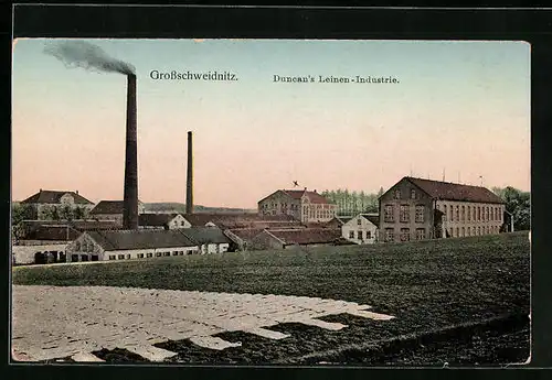Goldfenster-AK Grossschweidnitz, Duncan`s Leinen-Industrie mit leuchtenden Fenstern