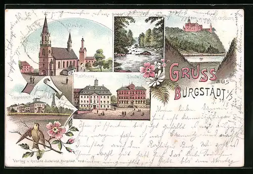 Lithographie Burgstädt i /S., Rathaus und Schule, Chemnitztal, Taurastein