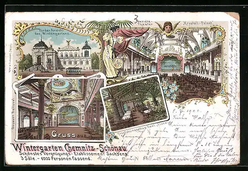 Lithographie Chemnitz-Schönau, Gasthaus Wintergarten, Variété-Theater Krystall-Palast, Tropfsteingrotten-Saal Flora