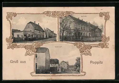 AK Poppitz / Riesa, Gasthaus von Ernst Weber, Oberdorf, Schule