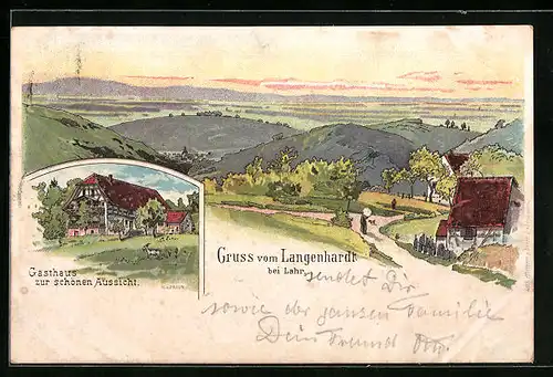 Lithographie Langenhardt bei Lahr, Gasthaus zur schönen Aussicht, Ortspartie