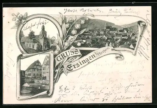 AK Ersingen b. Pforzheim, Kirche und Ortspartie, Kanal