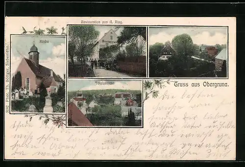 AK Obergruna, Restaurant von A. Ring, Kirche, Totalansicht