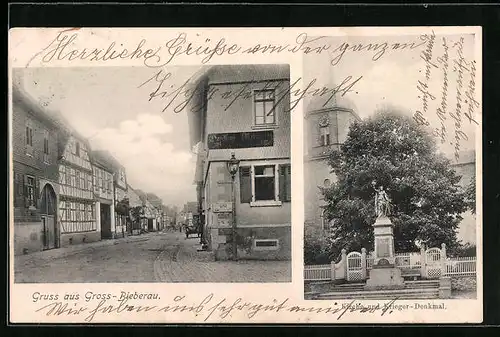 AK Gross-Bieberau, Strassenpartie, Kirche und Krieger-Denkmal