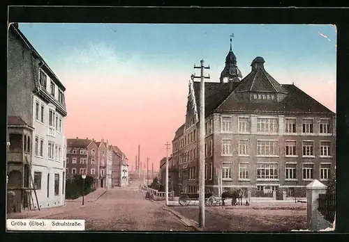 AK Gröba /Elbe, Pferdekutsche in der Schulstrasse