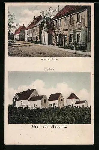 AK Stauchitz, Alte Poststrasse mit Siedlung