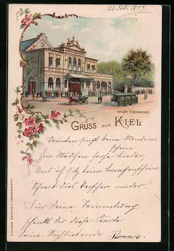 Lithographie Kiel, Gasthaus Wriedt`s Etablissement, Strassenbahn