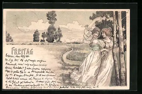 Künstler-AK H. Fründt: Freitag, Freundinnen am Waldrand, Jugendstil