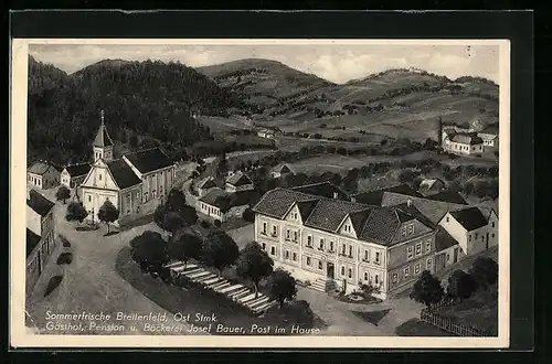 Künstler-AK Breitenfeld, Gasthof-Pension Josef Bauer aus der Vogelschau