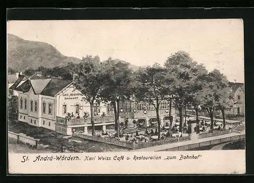 Künstler-AK St. Andrä-Wördern, Karl Weiss Cafe u. Restaurant zum Bahnhof