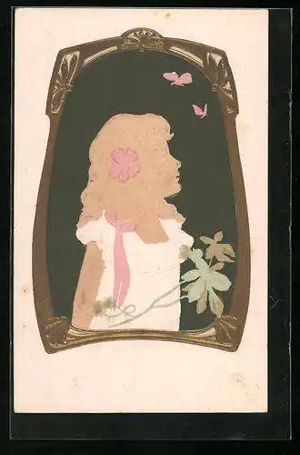 Präge-AK Silhouette eines Mädchens, Schmetterlinge, Blätter, Jugendstil
