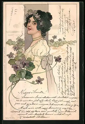Künstler-AK Junge Frau mit violettem Blütenkranz, Jugendstil