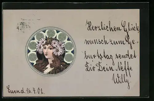 Präge-AK Portrait einer jungen Frau mit grossen Blüten im Haar, Ornamente, Jugendstil