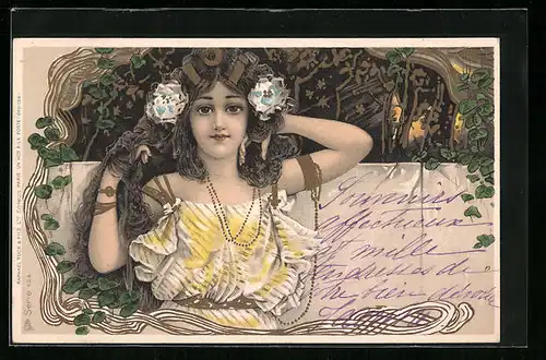Künstler-AK Junge Frau mit Goldschmuck, Ornamente, Jugendstil