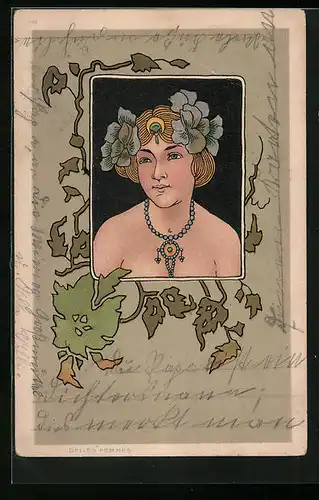 AK Nackte Frau mit Blumen im Haar, Jugendstil