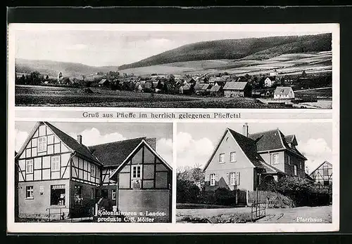 AK Pfieffe, Kolonialwaren Möller, Pfarrhaus, Panorama