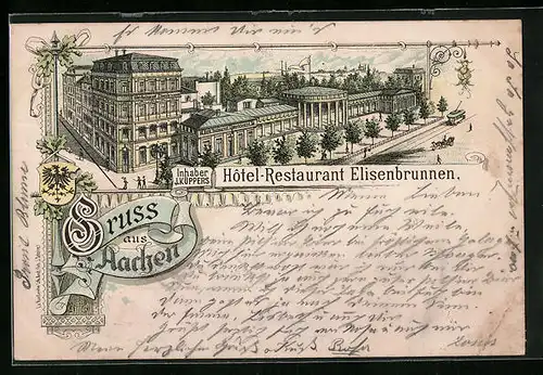 Lithographie Aachen, Hotel-Restaurant Elisenbrunnen aus der Vogelschau