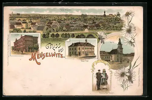 Lithographie Meuselwitz, Kirche, Altenburger Bauern, Totalansicht