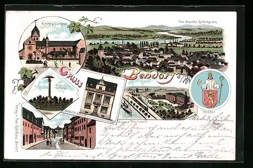 Lithographie Bendorf a. Rh., Bachstrasse, Wappen, Kriegerdenkmal