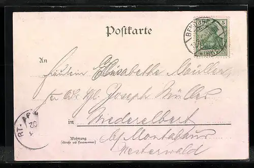 Lithographie Bendorf a. Rh., Bachstrasse, Wappen, Kriegerdenkmal