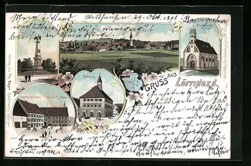 Lithographie Löffingen, Gasthof zum Löwen, Schneekreuz-Kirche, Gesamtansicht