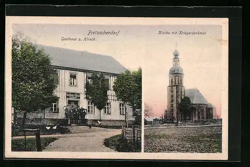 AK Pretzschendorf, Gasthaus zum Hirsch, Kirche mit Kriegerdenkmal