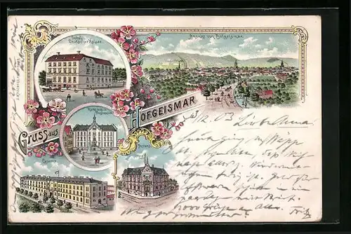 Lithographie Hofgeismar, Hotel Deutscher Kaiser, Postamt, Totalansicht