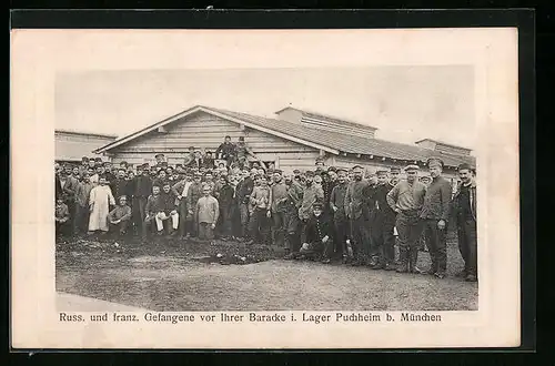 AK Puchheim, Kriegsgefangene vor ihrer Baracke im Lager Puchheim