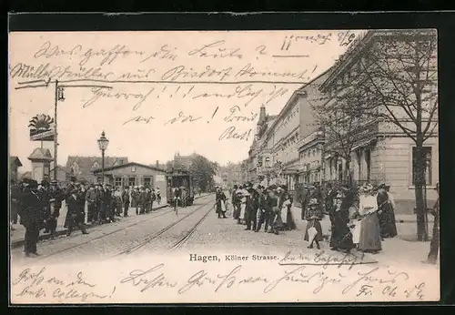 AK Hagen, Kölner Strasse mit Strassenbahn